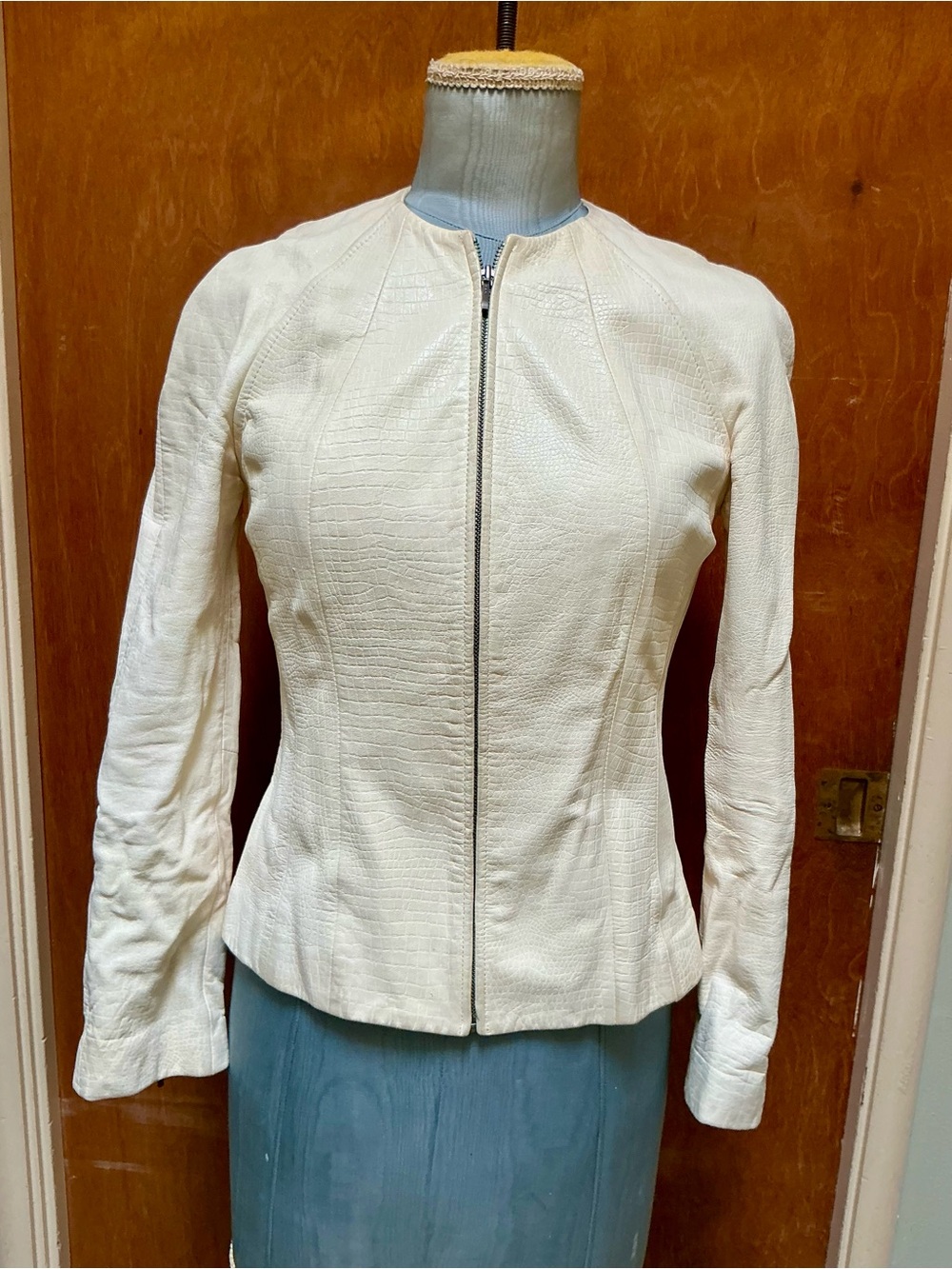 Women’s Cream Textured Leather Zip-Front Jacket